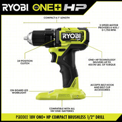 18V ONE+ HP COMPACT BRUSHLESS 1/2" DRILL/DRIVER