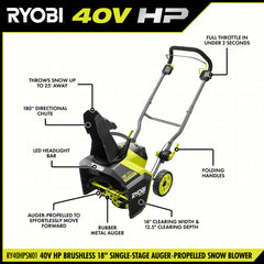 40V HP Brushless 18â Single-Stage Auger-Propelled Snow Blower Kit