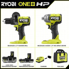 18V ONE+ HP BRUSHLESS CORDLESS 2-TOOL HAMMER DRILL / DRIVER, IMPACT DRIVER, 4.0 Ah, 2.0 Ah BATTERY, CHARGER, AND BAG